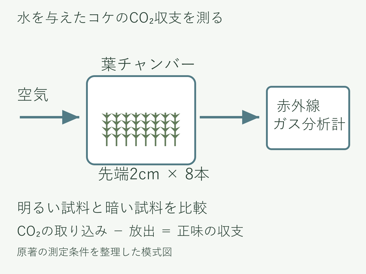 8本のコケを入れた容器に空気を通し、二酸化炭素の取り込みと放出の差を測る模式図