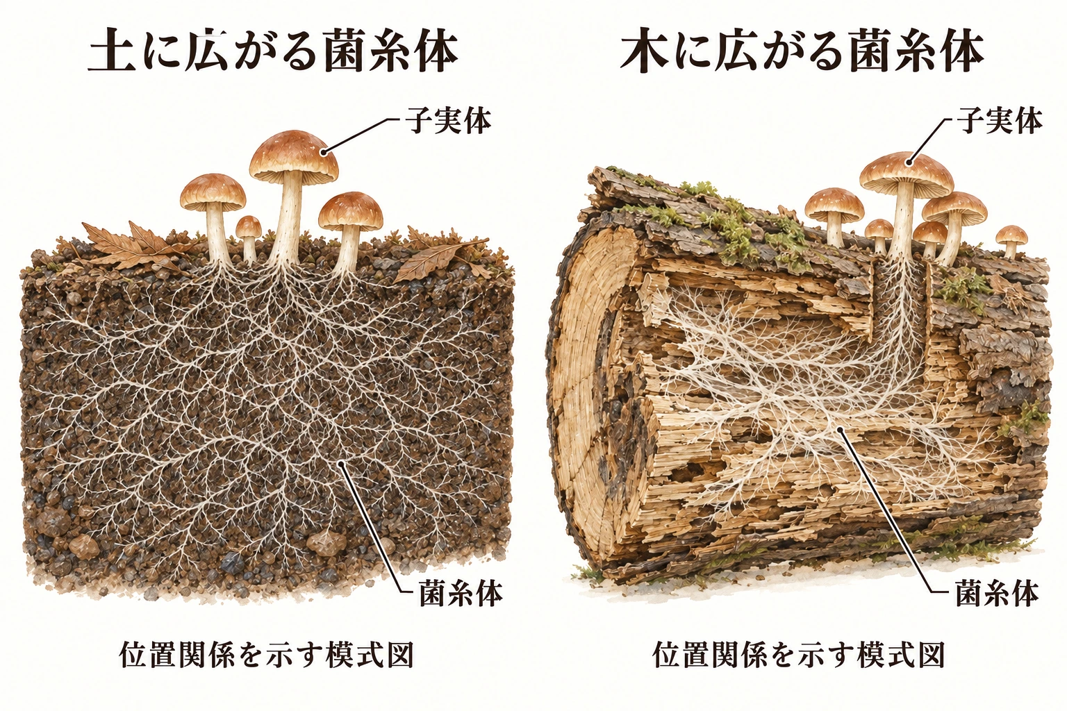 左は土、右は枯れ木の断面。内部に広がる菌糸体から、表面に子実体が出る模式図
